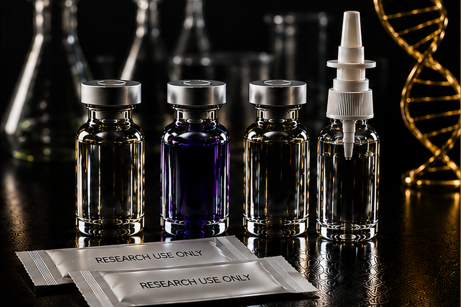 Research-use vials, spray bottle and strips