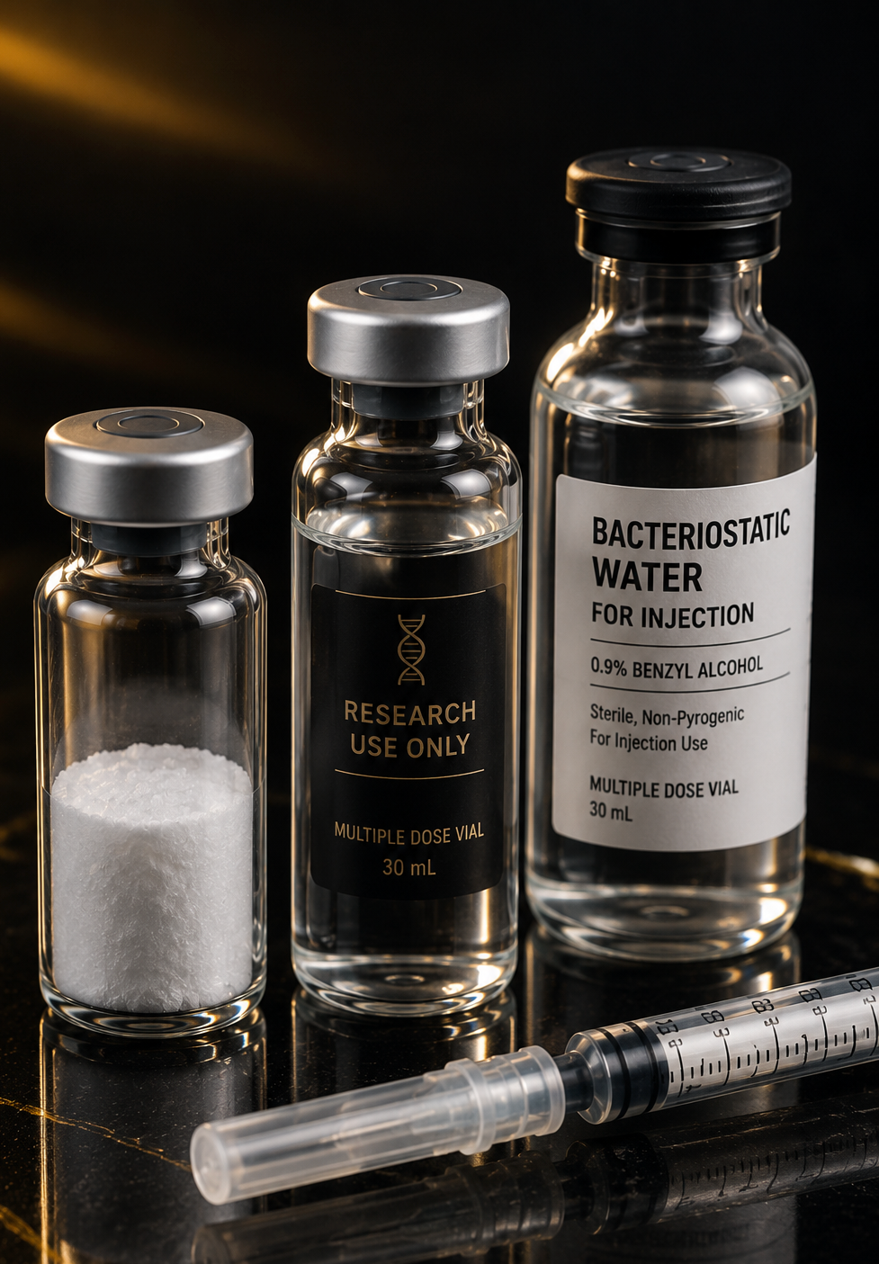 Research-use peptide vials with powder, liquid, and bacteriostatic water